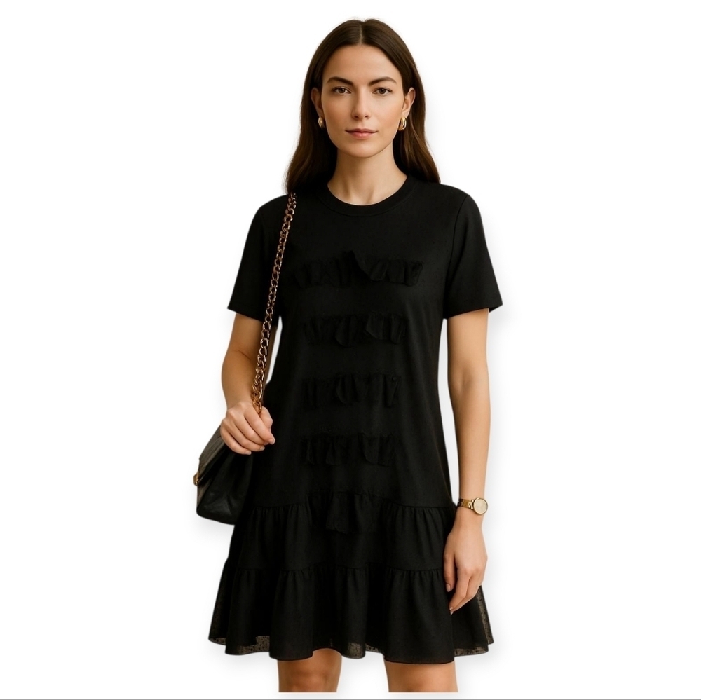 RED Valentino Black Cotton Tulle Mesh Cocktail Dress Short Sleeve Party Size M